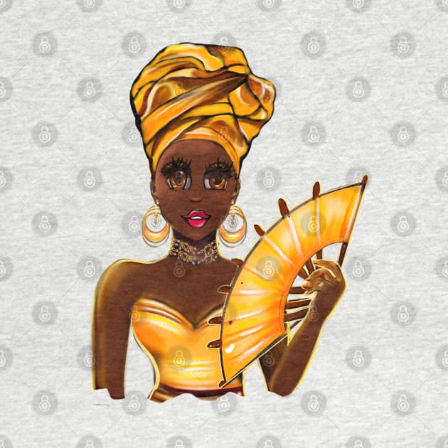 Queen Black is beautiful Anime Manga black girl with Gold headscarf, necklace, earrings, gold dress and head wrap, brown eyes and dark brown skin ! by Artonmytee